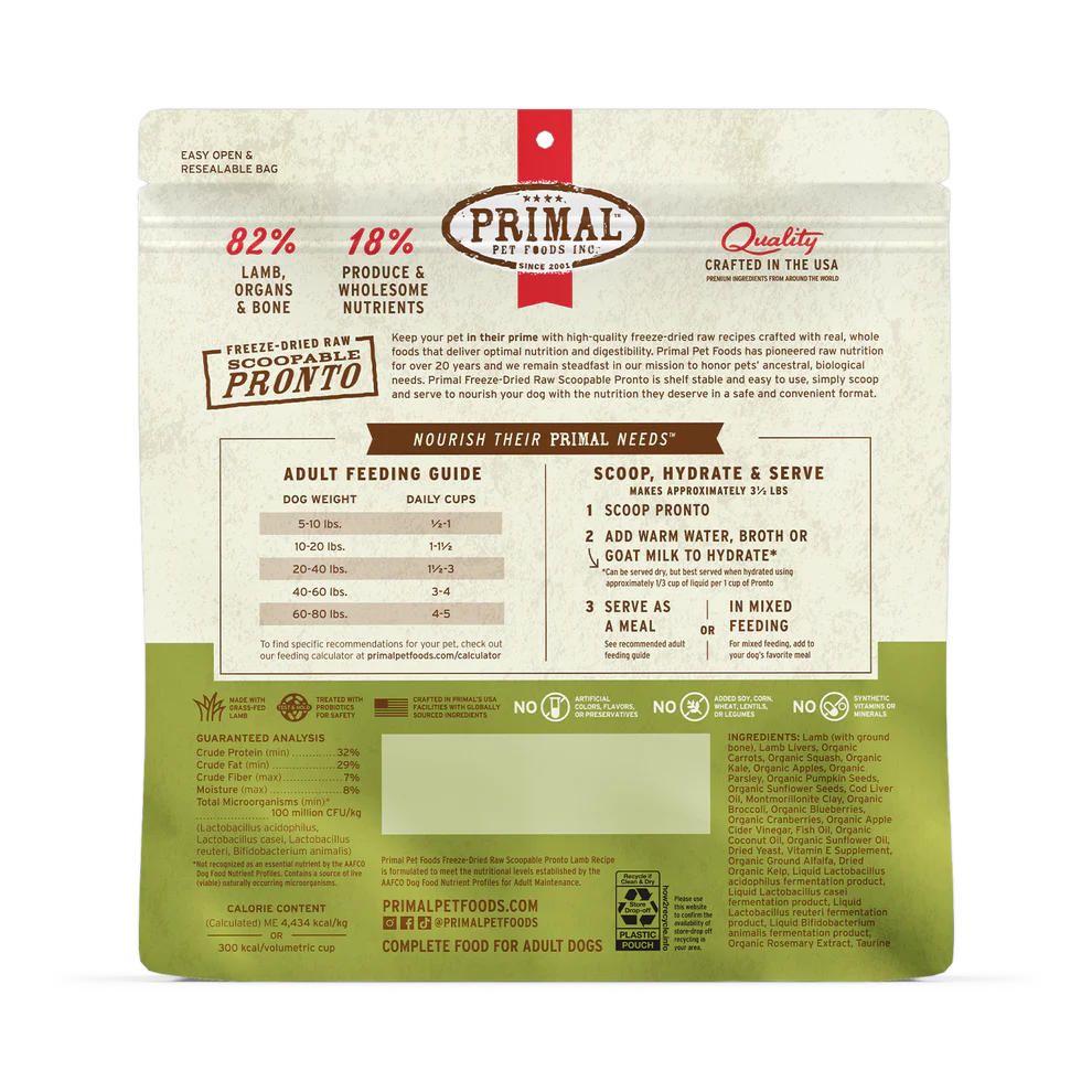 Primal Lamb Recipe Freeze-Dried Raw Pronto Dog Food