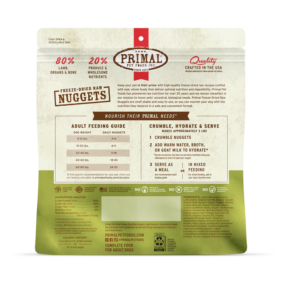 Primal Lamb Recipe Freeze-Dried Raw Nuggets Dog Food