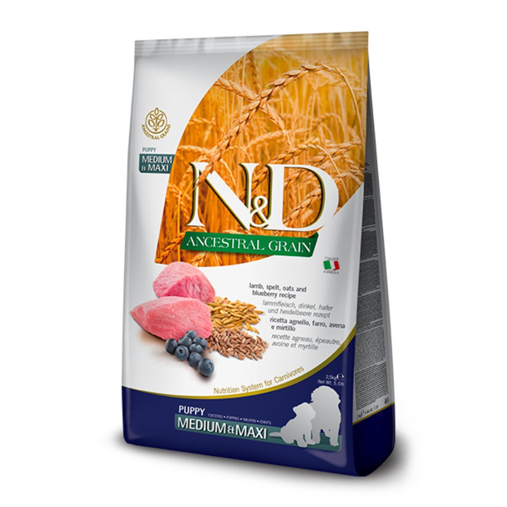 Farmina N&D Ancestral Grain Lamb & Blueberry Medium & Maxi Puppy Dry Food