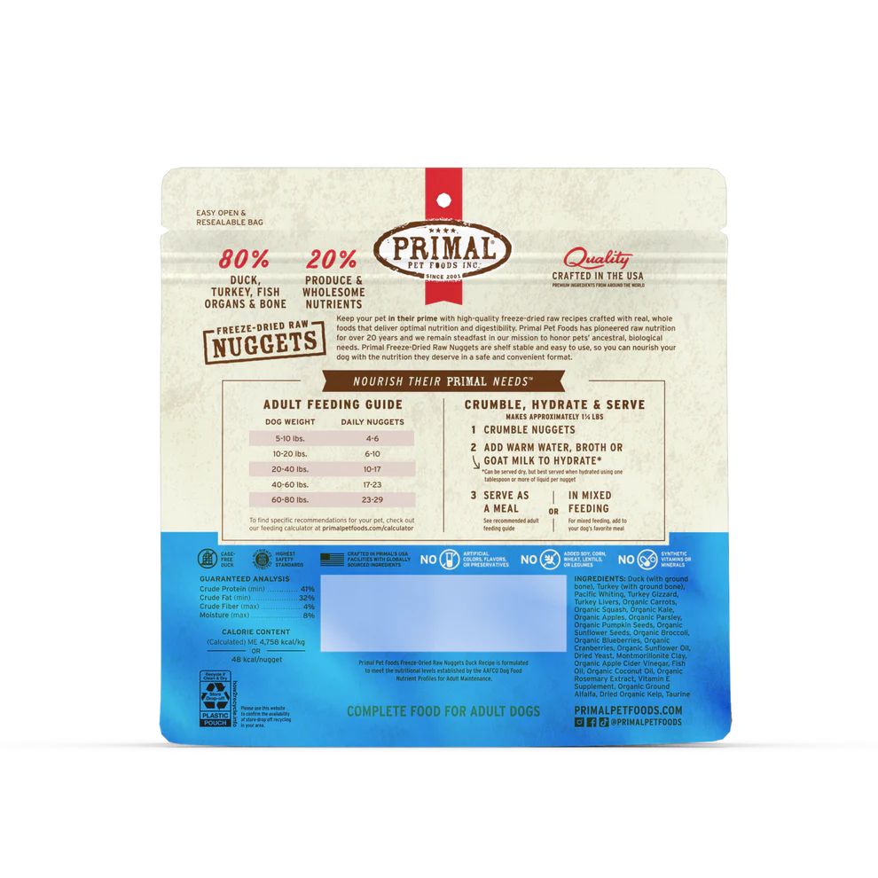 Primal Duck Recipe Freeze-Dried Raw Nuggets Dog Food