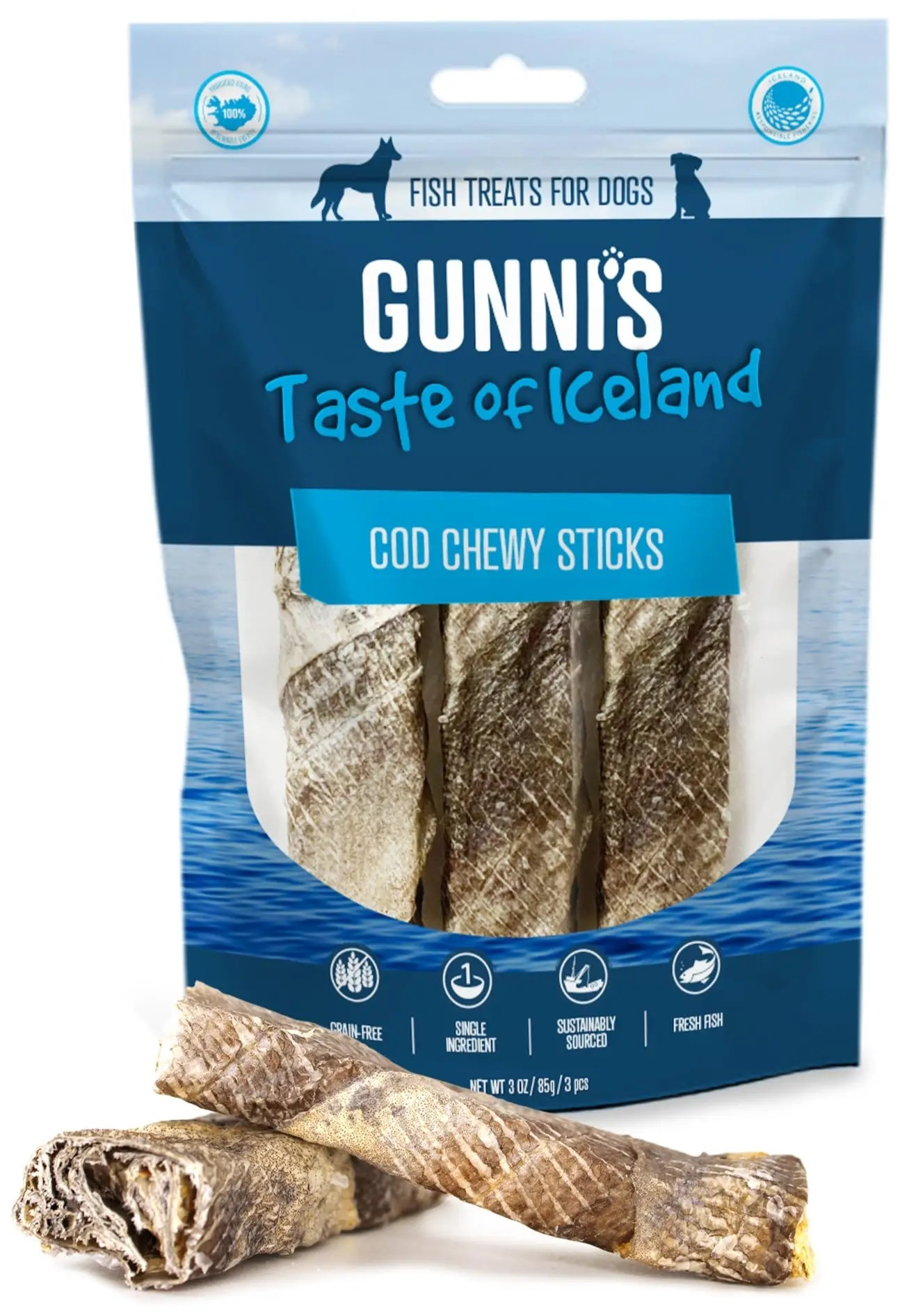Gunni's Taste of Iceland Cod Skin Chewy Sticks 3pc Pack