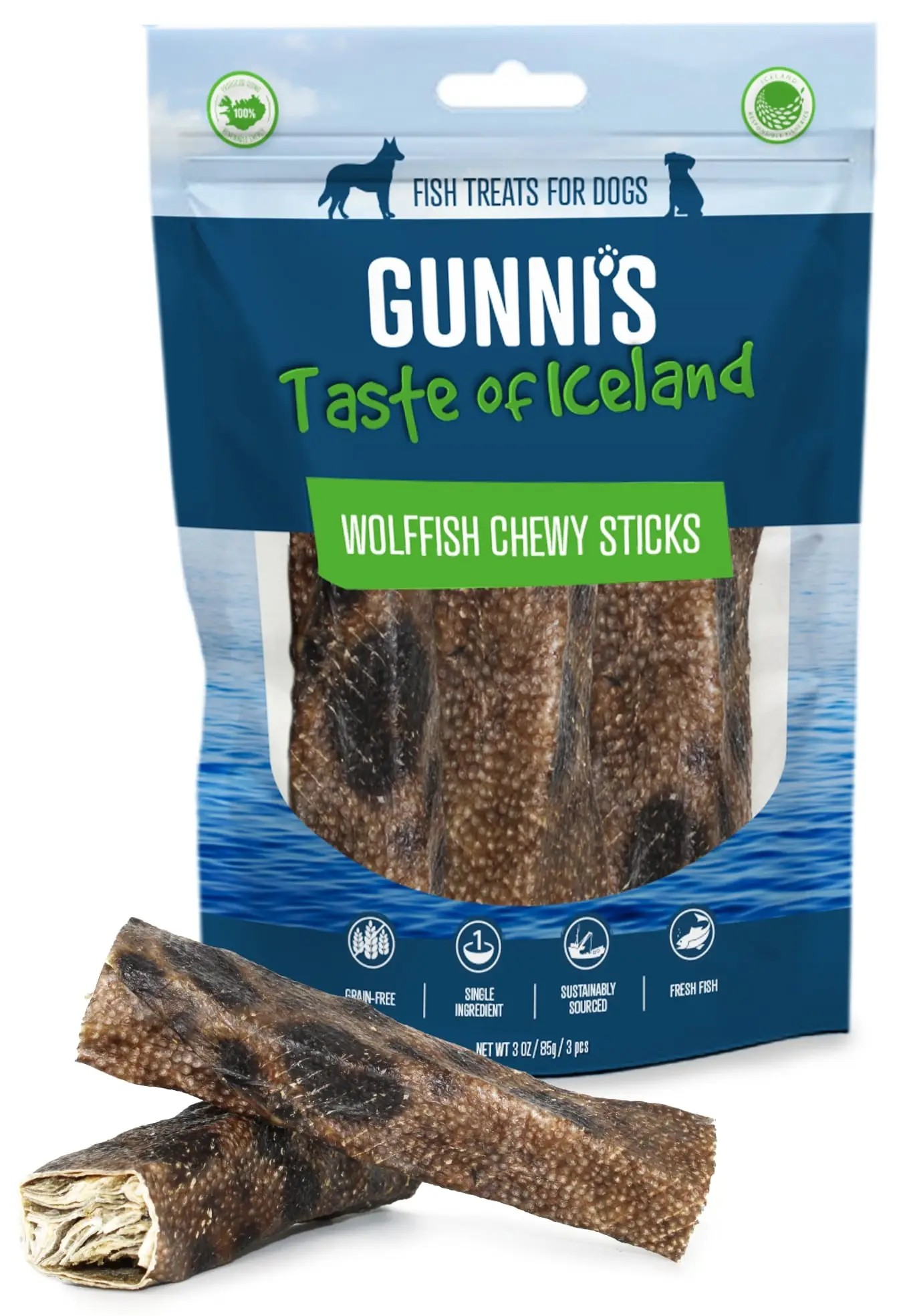 Gunni's Taste of Iceland Wolffish Skin Chewy Sticks 3pc Pack